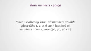 Since we already know all numbers at units
place (like 1, 2, 4, 6 etc.), lets look at
numbers at tens place (30, 40, 50 etc)
Basic numbers - 30-99
 