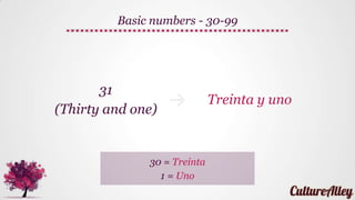 31
(Thirty and one)
Treinta y uno
Basic numbers - 30-99
30 = Treinta
1 = Uno
 