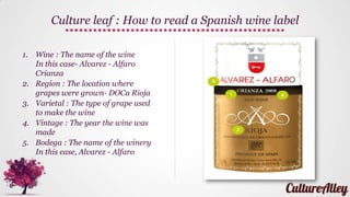 Culture leaf : How to read a Spanish wine label
1. Wine : The name of the wine
In this case- Alvarez - Alfaro
Crianza
2. Region : The location where
grapes were grown- DOCa Rioja
3. Varietal : The type of grape used
to make the wine
4. Vintage : The year the wine was
made
5. Bodega : The name of the winery
In this case, Alvarez - Alfaro
 