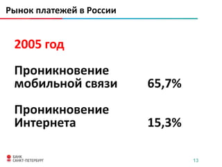 Рынок платежей в России


 2005 год
 Проникновение
 мобильной связи          65,7%
 Проникновение
 Интернета                15,3%

                                  13
 
