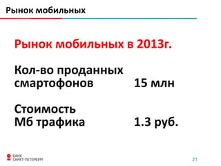 Рынок мобильных


 Рынок мобильных в 2013г.
 Кол-во проданных
 смартофонов      15 млн
 Стоимость
 Мб трафика        1.3 руб.

                              21
 