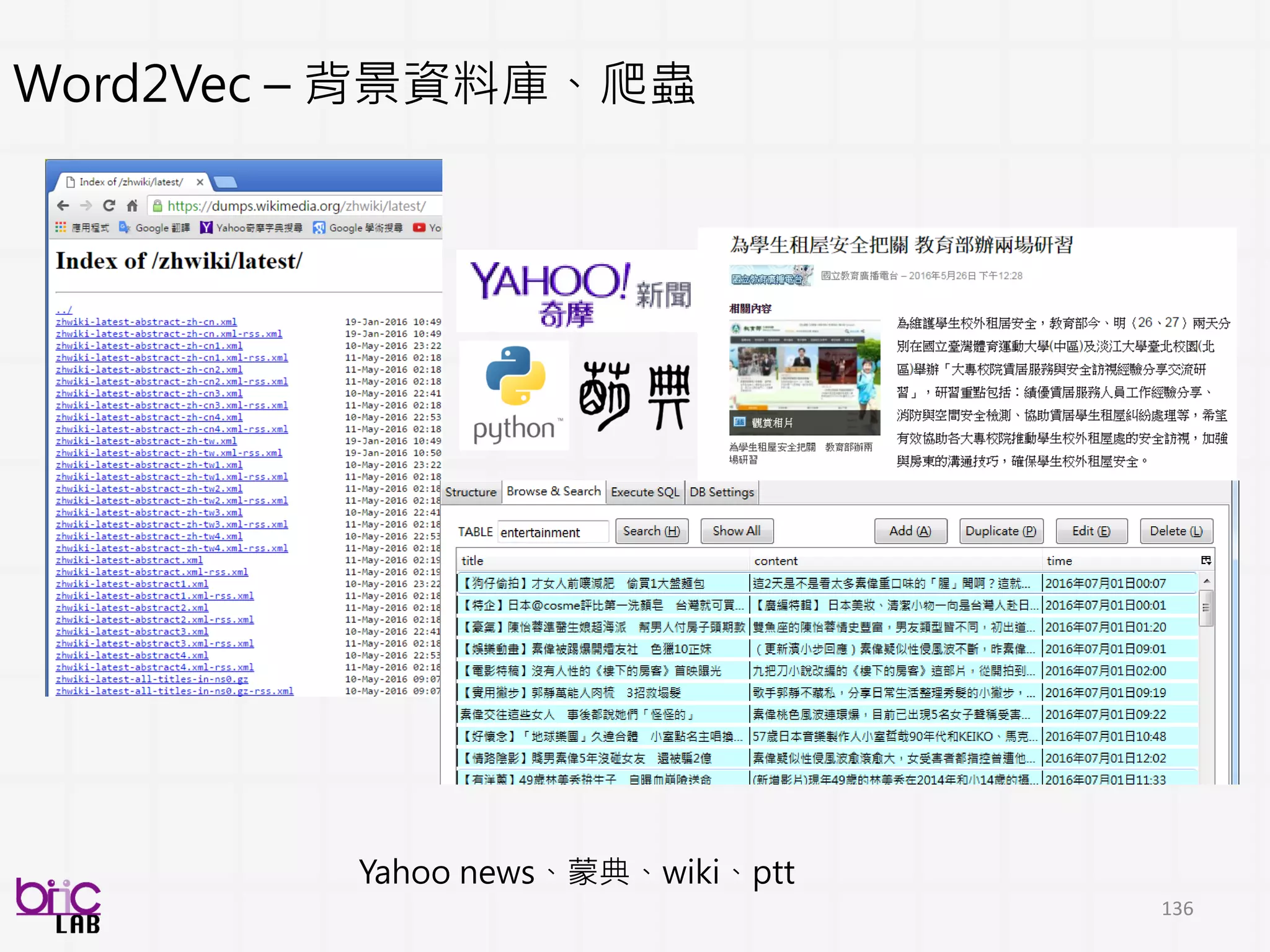 136
低階訊號描述值
編碼/Profile
文字
字
直接用這個當單位去計算針對一個
文件的向量(文件:analysis unit向量)
Distributed word representation
用向量表達一個詞在做編碼
 