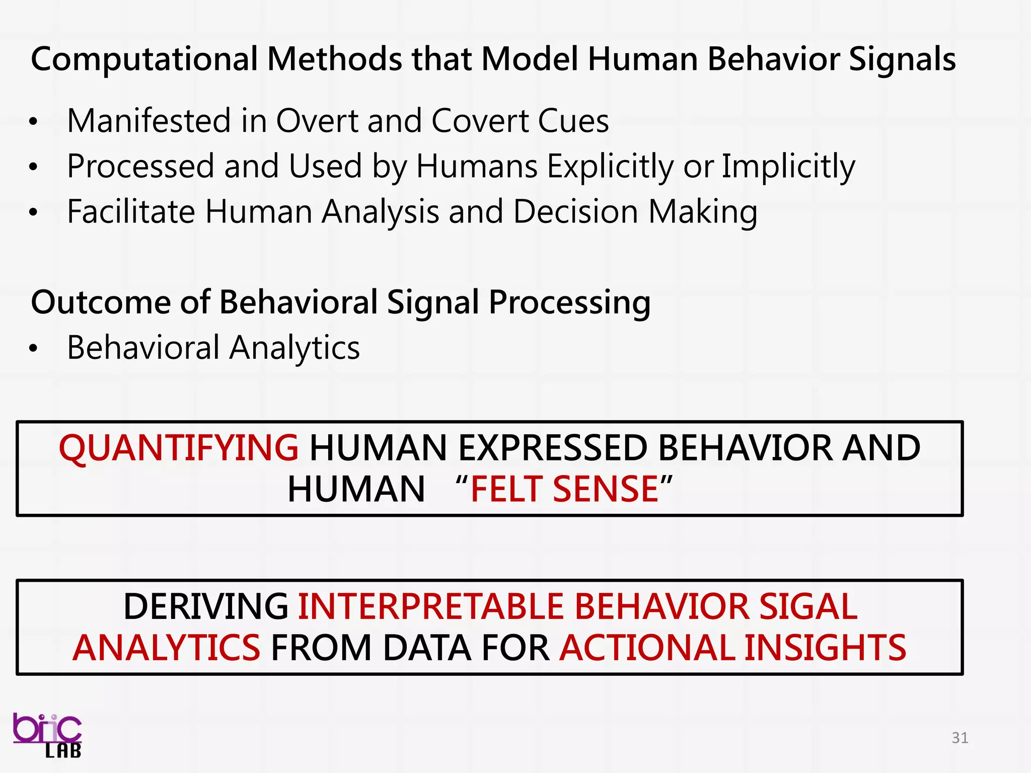 31
外顯行為
行為認知
機制
內在狀
態
行為產生
機制
行為產生
機制
行為認知
機制
內在狀
態
外顯行為
觀察
訊號：
主觀量測
專家決策
ADOS
自閉症類群觀察量表
社交互動行為展現
雙人多模態行為
自閉症診斷
分析行為類別
 