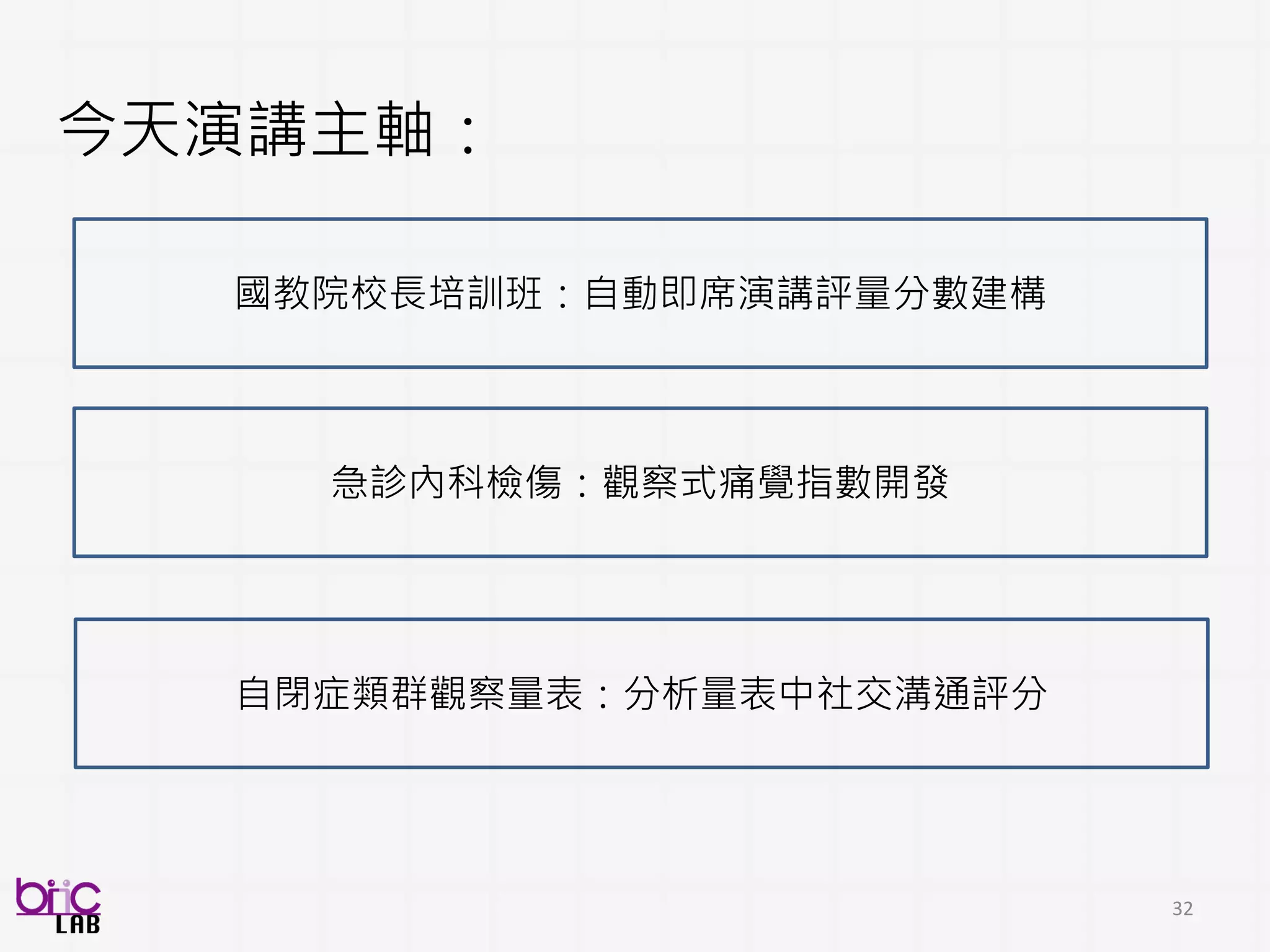 32
BSP的Role . . .
人高階認知能力: 專家決策
BSP
Technology
高可信度 (reliability)、可複製性 (repeatable) 及可擴展性 (scalable)
 