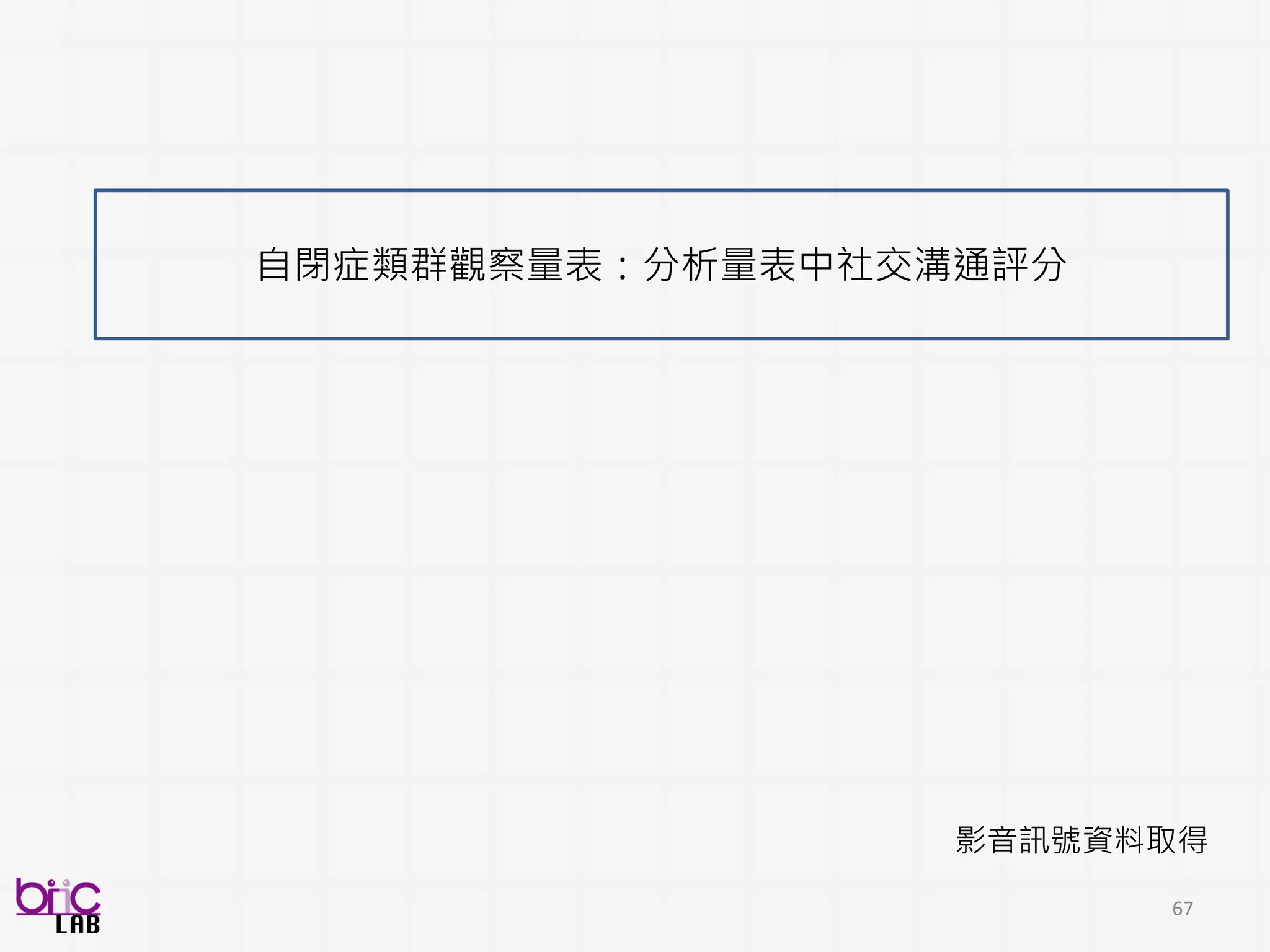 67
資料代表性
影音訊號資料取得
• 強建的多模態信號(聲音、影像)紀錄和處理
• 以生態有效的方式(ecologically-valid)紀錄
人類自然行為
• 對於ease-of-application, realism要求
辨識目標的評分
• 運用established instrument
• Scientific-rigor
• Ensure domain-applicable
analytics 產出
 