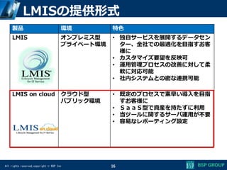 All rights reserved,copyright © BSP Inc
LMISの提供形式
製品 環境 特色
LMIS オンプレミス型
プライベート環境
• 独自サービスを展開するデータセン
ター、全社での最適化を目指すお客
様に
• カスタマイズ要望を反映可
• 運用管理プロセスの改善に対して柔
軟に対応可能
• 社内システムとの密な連携可能
LMIS on cloud クラウド型
パブリック環境
• 既定のプロセスで素早い導入を目指
すお客様に
• ＳａａＳ型で資産を持たずに利用
• 当ツールに関するサーバ運用が不要
• 容易なレポーティング設定
16
 