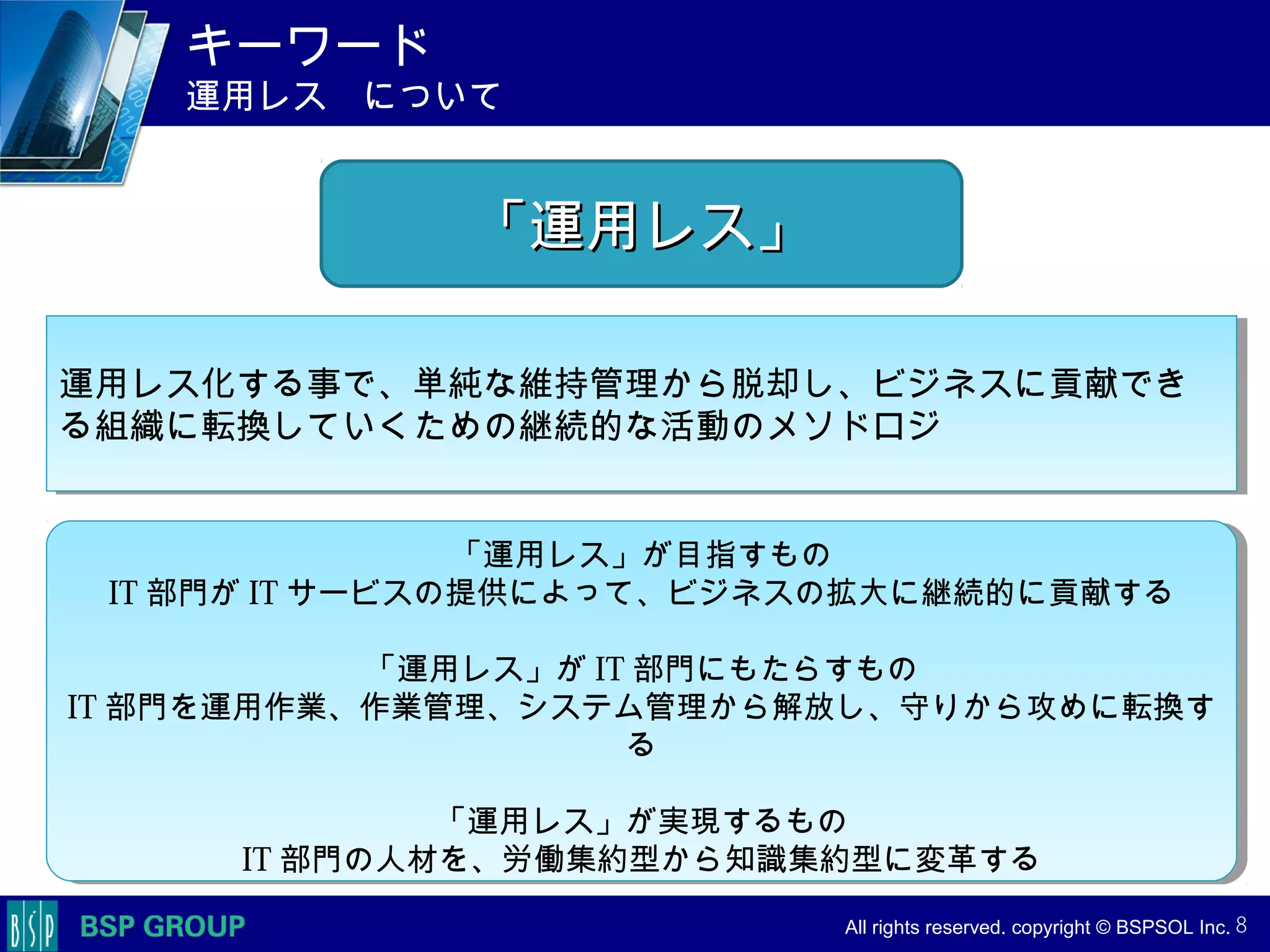 　　　
　　　
　　　　 All rights reserved. copyright © BSPSOL Inc. 　
キーワード
運用レス　について
「運用レス」が目指すもの
IT 部門が IT サービスの提供によって、ビジネスの拡大に継続的に貢献する
「運用レス」が IT 部門にもたらすもの
IT 部門を運用作業、作業管理、システム管理から解放し、守りから攻めに転換す
る
「運用レス」が実現するもの
IT 部門の人材を、労働集約型から知識集約型に変革する
「運用レス」が目指すもの
IT 部門が IT サービスの提供によって、ビジネスの拡大に継続的に貢献する
「運用レス」が IT 部門にもたらすもの
IT 部門を運用作業、作業管理、システム管理から解放し、守りから攻めに転換す
る
「運用レス」が実現するもの
IT 部門の人材を、労働集約型から知識集約型に変革する
「運用レス」「運用レス」
運用レス化する事で、単純な維持管理から脱却し、ビジネスに貢献でき
る組織に転換していくための継続的な活動のメソドロジ
運用レス化する事で、単純な維持管理から脱却し、ビジネスに貢献でき
る組織に転換していくための継続的な活動のメソドロジ
8
 