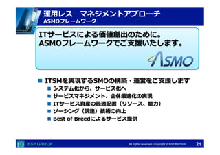  　　　	
  　　　	
All rights reserved. copyright © BSP,BSPSOL 
運⽤用レス 　マネジメントアプローチ
ASMOフレームワーク
n  ITSMを実現するSMOの構築・運営をご⽀支援します
n  システム化から、サービス化へ
n  サービスマネジメント、全体最適化の実現
n  ITサービス資産の最適配置（リソース、能⼒力力）
n  ソーシング（調達）技術の向上
n  Best  of  Breedによるサービス提供
ITサービスによる価値創出のために。
ASMOフレームワークでご⽀支援いたします。
21
 