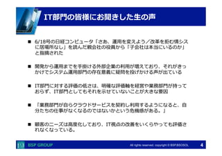 　　　 
n 6/18号の⽇日経コンピュータ「さあ、運⽤用を変えよう／改⾰革を拒む情シス 
に居場所なし」を読んだ親会社の役員から「⼦子会社は本当にいるのか」 
と指摘された 
 
n 開発から運⽤用までを⼿手掛ける外部企業の利利⽤用が増えており、それがきっ 
かけでシステム運⽤用部⾨門の存在意義に疑問を投げかける声が出ている 
n IT部⾨門に対する評価の低さは、明確な評価軸を経営や業務部⾨門が持って 
おらず、IT部⾨門としてもそれを⽰示せていないことが⼤大きな要因 
 
n 「業務部⾨門が⾃自らクラウドサービスを契約し利利⽤用するようになると、⾃自 
分たちの仕事がなくなるのではないかという危機感がある。」 
n 顧客のニーズは⾼高度度化しており、IT視点の改善をいくらやっても評価さ 
　　　 
IT部⾨門の皆様にお聞きした⽣生の声 
All rights reserved. copyright © BSP,BSOSOL　 
れなくなっている。 
4 
 
