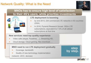 Network Quality: What is the Need
MNOs has to ensure high level of satisfaction
to their 4G’s users, while prioritize investments
LTE deployment is booming
by end 2013, 234 commercial LTE networks in 83 countries
(GSA)
In 2016, Pyramid Research forcast 592m LTE
subscriptions, equivalent to 7.3% of all cellular
subscriptions at that time

New services need top quality experience
Video calls (skype, Facetime, ...), Streaming HD,

Cloud storage, Cloud gaming, files download, ...

MNO need to run LTE deployment gradually
Coverage, bandwidth

Quality of new technology implementation
(network, UICC, devices)

17

 