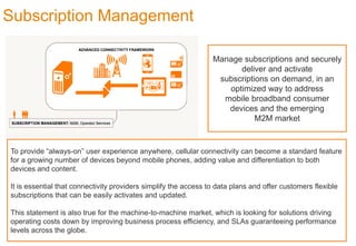 Subscription Management
Manage subscriptions and securely
deliver and activate
subscriptions on demand, in an
optimized way to address
mobile broadband consumer
devices and the emerging
M2M market

To provide “always-on” user experience anywhere, cellular connectivity can become a standard feature
for a growing number of devices beyond mobile phones, adding value and differentiation to both
devices and content.
It is essential that connectivity providers simplify the access to data plans and offer customers flexible
subscriptions that can be easily activates and updated.
This statement is also true for the machine-to-machine market, which is looking for solutions driving
operating costs down by improving business process efficiency, and SLAs guaranteeing performance
levels across the globe.

7

 
