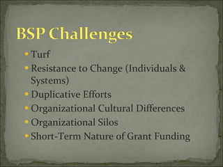 Turf Resistance to Change (Individuals & Systems) Duplicative Efforts Organizational Cultural Differences Organizational Silos Short-Term Nature of Grant Funding 