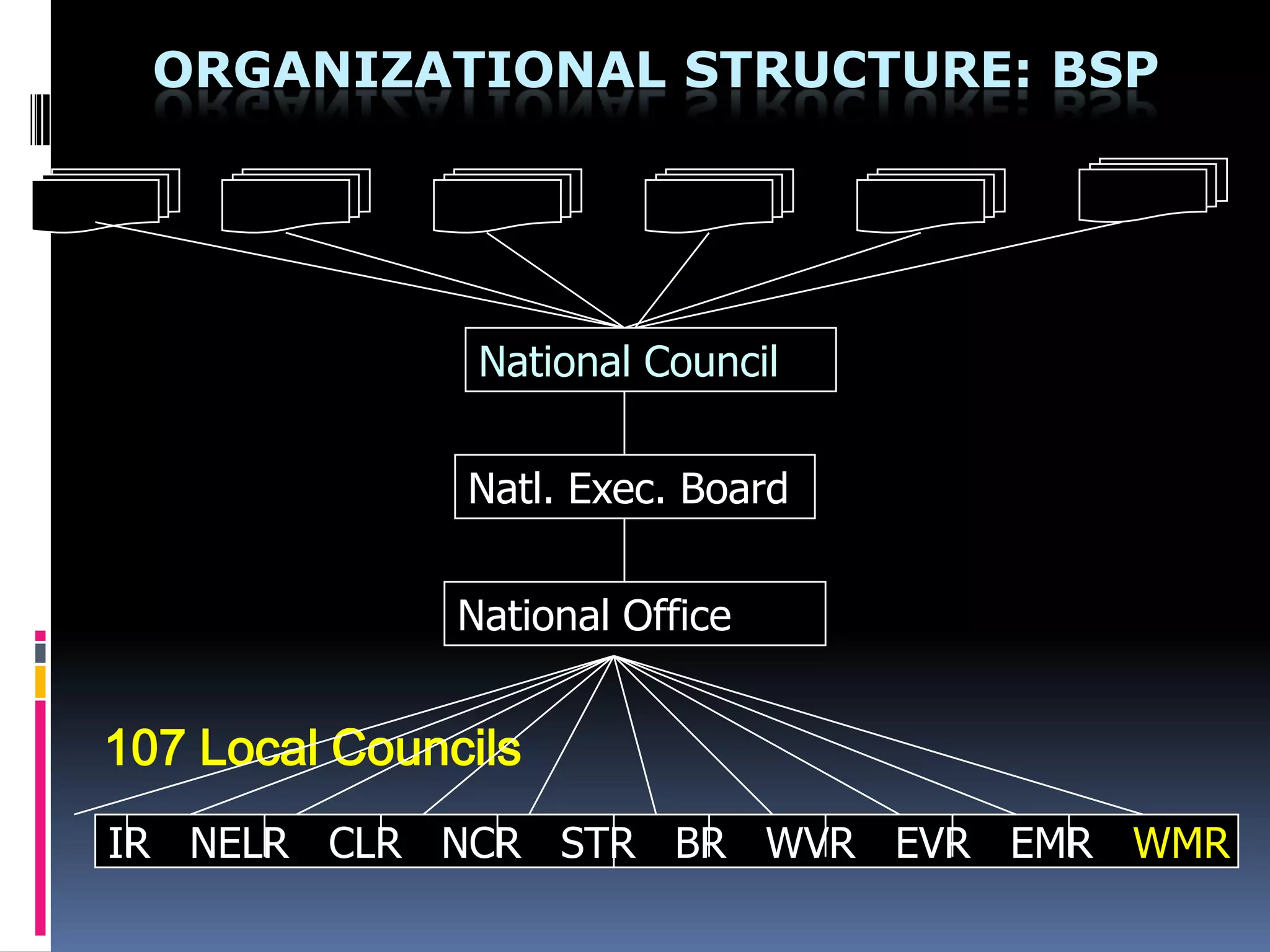ORGANIZATIONAL STRUCTURE: BSP
107 Local Councils
National Council
Natl. Exec. Board
National Office
IR NELR CLR NCR STR BR WVR EVR EMR WMR
 