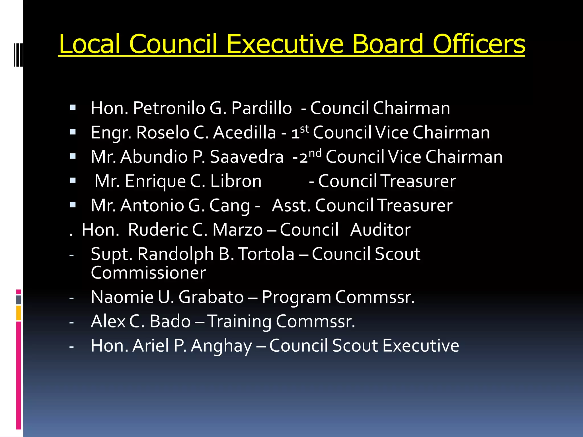 Local Council Executive Board Officers
 Hon. Petronilo G. Pardillo - Council Chairman
 Engr. Roselo C. Acedilla - 1st CouncilVice Chairman
 Mr. Abundio P. Saavedra -2nd CouncilVice Chairman
 Mr. Enrique C. Libron - CouncilTreasurer
 Mr. Antonio G. Cang - Asst. CouncilTreasurer
. Hon. Ruderic C. Marzo – Council Auditor
- Supt. Randolph B.Tortola – Council Scout
Commissioner
- Naomie U. Grabato – Program Commssr.
- Alex C. Bado –Training Commssr.
- Hon.Ariel P. Anghay – Council Scout Executive
 