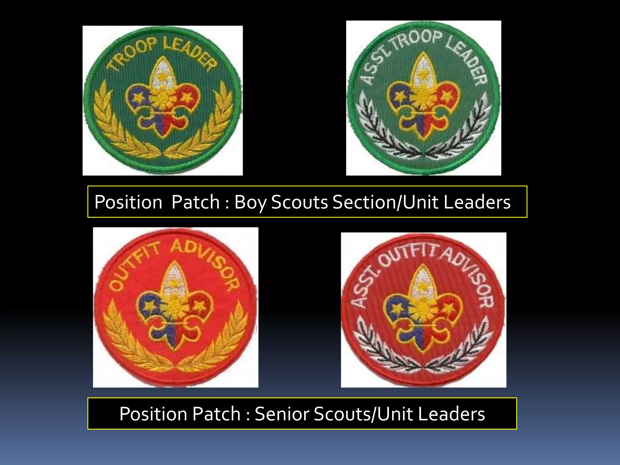 Position Patch : Boy Scouts Section/Unit Leaders
Position Patch : Senior Scouts/Unit Leaders
 