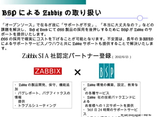 All rights reserved,copyright © BSP Inc 　
BSPBSP によるによる ZabbixZabbix の取り扱いの取り扱い
「オープンソース」で在るが故に「サポートが不安」、「本当に大丈夫なの？」などの
課題を解決し、 Best of Breed にて OSS 製品の採用を後押しするために BSP が Zabbix のサ
ポートを提供いたします。
OSS の採用で確実にコストを下げることが可能となります。不安面は、長年の A-AUTO
によるサポートサービスノウハウと共に Zabbix サポートも提供することで解決いたしま
す。
Zabbix SI A 社認定パートナー登録（ 2012/6/13 ）
×
・ Zabbix の製品開発、保守、機能追
加
・バグレポート、バグフィックスの
情報
　提供
・トラブルシューティング
・ Zabbix 環境の構築、設定、教育な
ど
の各種サービス
・ Zabbix 社の技術バックエンドに
よる
お客様への１次サポートを提供
・ 365 日 24 時間のサポートサービ
ス
 