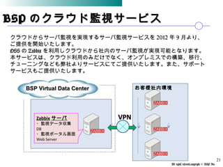 All rights reserved,copyright © BSP Inc 　
BSPBSP のクラウド監視サービスのクラウド監視サービス
クラウドからサーバ監視を実現するサーバ監視サービスを 2012 年 9 月より、
ご提供を開始いたします。
OSS の Zabbix を利用しクラウドから社内のサーバ監視が実現可能となります。
本サービスは、クラウド利用のみだけでなく、オンプレミスでの構築、移行、
チューニングなども弊社よりサービスにてご提供いたします。また、サポート
サービスもご提供いたします。
21
お客様社内環境
VPNVPN
BSP Virtual Data CenterBSP Virtual Data Center
Zabbix サーバ
・監視データ収集
DB
・監視ポータル画面
Web Server
 