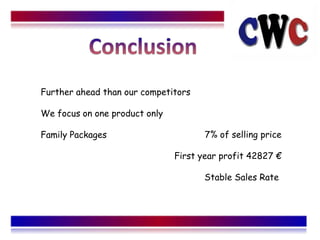 Further ahead than our competitors

We focus on one product only

Family Packages                       7% of selling price

                               First year profit 42827 

                                      Stable Sales Rate
 