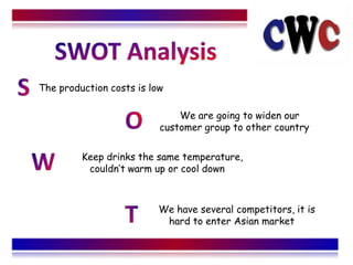 The production costs is low

                              We are going to widen our
                          customer group to other country


         Keep drinks the same temperature,
          couldnt warm up or cool down



                          We have several competitors, it is
                           hard to enter Asian market
 