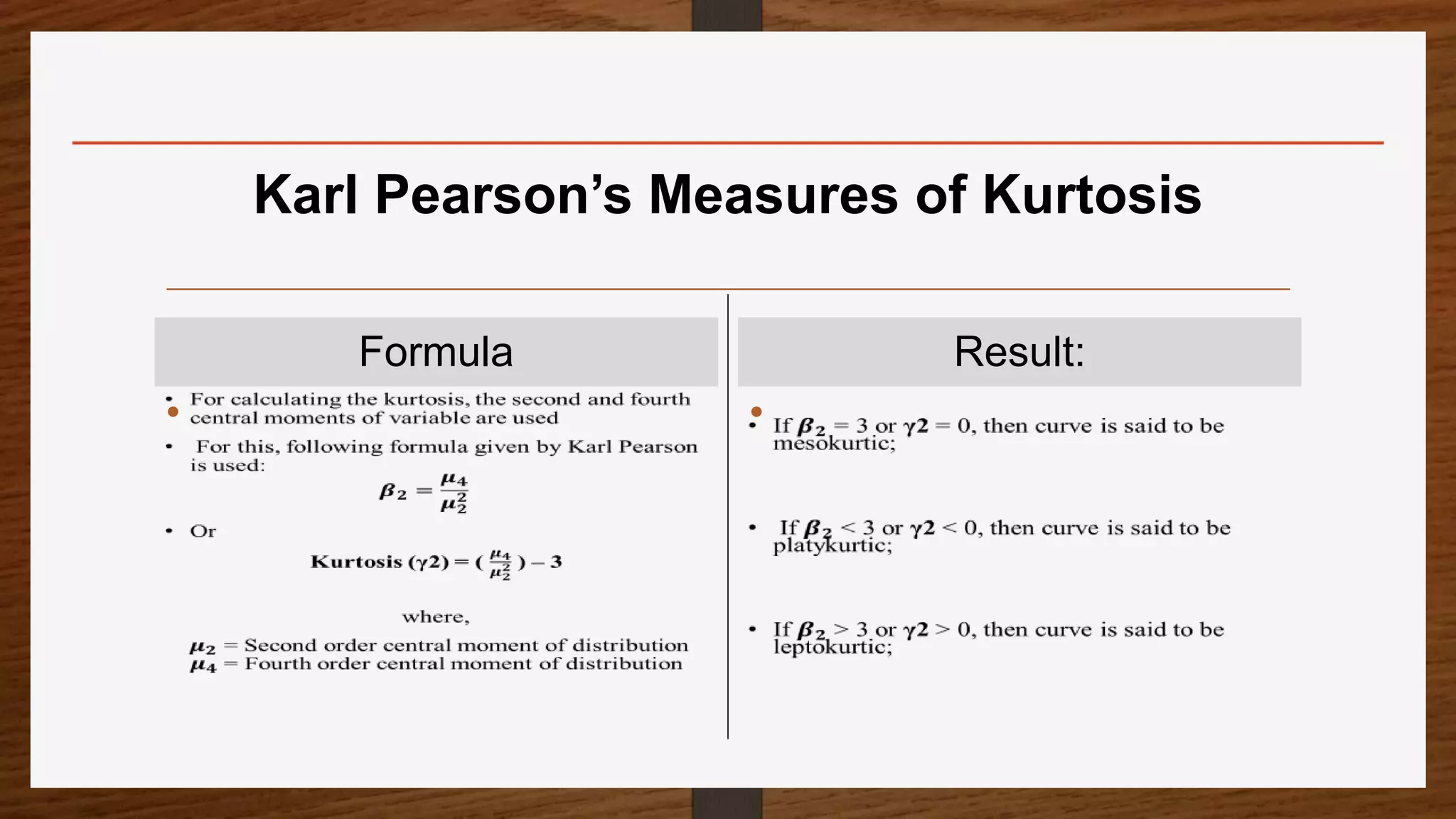 Karl Pearson’s Measures of Kurtosis
Formula
•
Result:
•
 