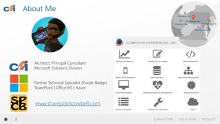 CONSULTING | SOLUTIONS | RESULTS2
About Me
Architect; Principal Consultant
Microsoft Solutions Division
Partner Technical ...