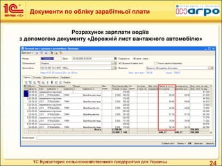 24
Документи по обліку зарабітньої плати
Розрахунок зарплати водіїв
з допомогою документу «Дорожній лист вантажного автомобілю»
 
