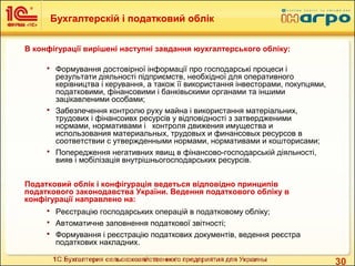 30
В конфігурації вирішені наступні завдання юухгалтерського обліку:
 Формування достовірної інформації про господарські процеси і
результати діяльності підприємств, необхідної для оперативного
керівництва і керування, а також її використання інвесторами, покупцями,
податковими, фінансовими і банківьскими органами та іншими
зацікавленими особами;
 Забезпечення контролю руху майна і використання матеріальних,
трудових і фінансоивх ресурсів у відповідності з затвердженими
нормами, нормативами і контроля движения имущества и
использования материальных, трудовых и финансовых ресурсов в
соответствии с утвержденными нормами, нормативами и кошторисами;
 Попередження негативних явищ в фінансово-господарській діяльності,
вияв і мобілізація внутрішньогосподарських ресурсів.
Податковий облік і конфігурація ведеться відповідно принципів
податкового законодавства України. Ведення податкового обліку в
конфігурації направлено на:
 Реєстрацію господарських операцій в податковому обліку;
 Автоматичне заповнення податкової звітності;
 Формування і реєстрацію податкових документів, ведення реєстра
податкових накладних.
Бухгалтерскій і податковий облік
 