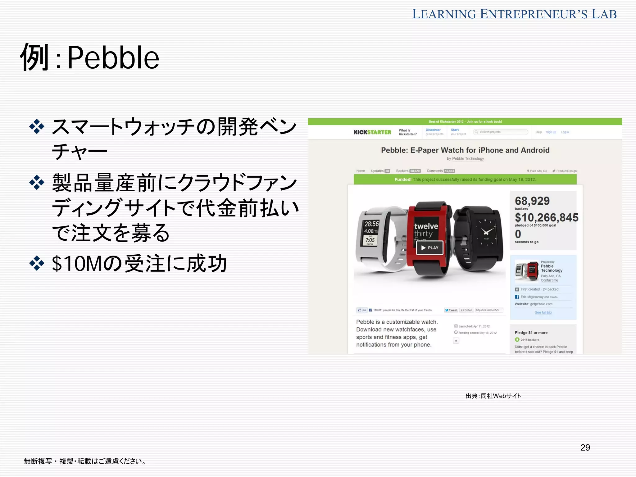 無断複写 ・ 複製・転載はご遠慮ください。
LEARNING ENTREPRENEUR’S LAB
29
例：Pebble
 スマートウォッチの開発ベン
チャー
 製品量産前にクラウドファン
ディングサイトで代金前払い
で注文を募る
 $10Mの受注に成功
出典：同社Webサイト
 