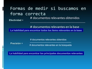 Formas de medir si buscamos en forma correcta # documentos relevantes obtenidos -------------------------------------------------- # documentos relevantes en la base  Precisión  = # documentos relevantes obtenidos ------------------------------------------------------ # documentos relevantes en la búsqueda Efectividad  = La habilidad para encontrar los principales documentos relevantes La habilidad para encontrar todos los items relevantes en la base 