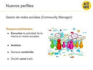 Gestor de redes sociales (Community Manager):
Responsabilidades:
● Escuchar la actividad de la
marca en redes sociales.
● Análisis.
● Generar contenido.
● Decidir canal (red).
Nuevos perfiles
 