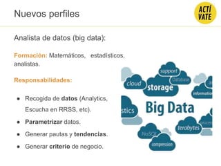 Analista de datos (big data):
Formación: Matemáticos, estadísticos,
analistas.
Responsabilidades:
● Recogida de datos (Analytics,
Escucha en RRSS, etc).
● Parametrizar datos.
● Generar pautas y tendencias.
● Generar criterio de negocio.
Nuevos perfiles
 