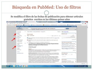 Búsqueda en PubMed: Uso de filtros
Se modifica el filtro de las fechas de publicación para obtener artículos
gratuitos escritos en los últimos quince años
 