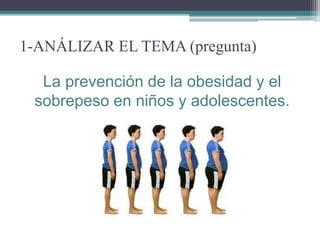 1-ANÁLIZAR EL TEMA (pregunta)
La prevención de la obesidad y el
sobrepeso en niños y adolescentes.
 