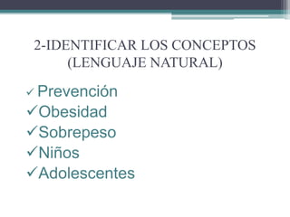 2-IDENTIFICAR LOS CONCEPTOS
(LENGUAJE NATURAL)
 Prevención
Obesidad
Sobrepeso
Niños
Adolescentes
 