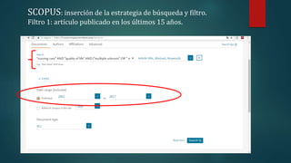 SCOPUS: inserción de la estrategia de búsqueda y filtro.
Filtro 1: artículo publicado en los últimos 15 años.
 