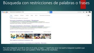 Búsqueda con restricciones de palabras o frases
Para esta búsqueda recordé lo visto en el curso, el signo “-” significaba sacar de nuestra búsqueda la palabra que
contenía ese signo antes, al ser así la palabra “Chile” salió de los resultados.
 