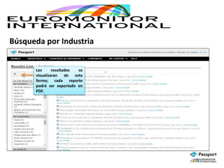Búsqueda por Industria
Los resultados se
visualizaran de esta
forma; cada reporte
podrá ser exportado en
PDF.
 