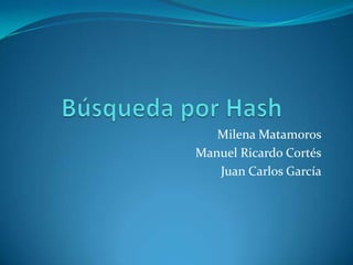 Búsqueda por Hash,[object Object],Milena Matamoros,[object Object],Manuel Ricardo Cortés,[object Object],Juan Carlos García,[object Object]