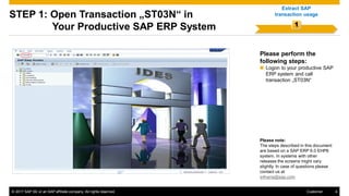 © 2017 SAP SE or an SAP affiliate company. All rights reserved. 4Customer
STEP 1: Open Transaction „ST03N“ in
Your Productive SAP ERP System
Please perform the
following steps:
 Logon to your productive SAP
ERP system and call
transaction „ST03N“
Please note:
The steps described in this document
are based on a SAP ERP 6.0 EHP6
system. In systems with other
releases the screens might vary
slightly. In case of questions please
contact us at
s4hana@sap.com
1
Extract SAP
transaction usage
 