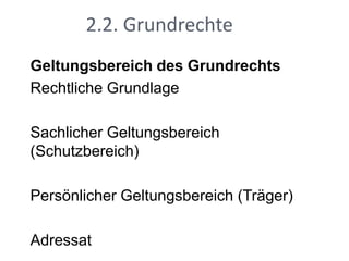 2.2. GrundrechteGeltungsbereich des GrundrechtsRechtliche GrundlageSachlicher Geltungsbereich (Schutzbereich)Persönlicher Geltungsbereich (Träger)Adressat