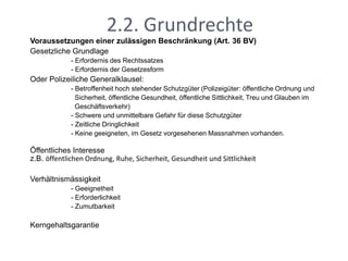 2.2. GrundrechteVoraussetzungen einer zulässigen Beschränkung (Art. 36 BV)Gesetzliche Grundlage	- Erfordernis des Rechtssatzes	- Erfordernis der GesetzesformOder Polizeiliche Generalklausel:	- Betroffenheit hoch stehender Schutzgüter (Polizeigüter: öffentliche Ordnung und  	  Sicherheit, öffentliche Gesundheit, öffentliche Sittlichkeit, Treu und Glauben im 	  Geschäftsverkehr)	- Schwere und unmittelbare Gefahr für diese Schutzgüter	- Zeitliche Dringlichkeit	- Keine geeigneten, im Gesetz vorgesehenen Massnahmen vorhanden.Öffentliches Interessez.B. öffentlichen Ordnung, Ruhe, Sicherheit, Gesundheit und SittlichkeitVerhältnismässigkeit	- Geeignetheit	- Erforderlichkeit	- ZumutbarkeitKerngehaltsgarantie