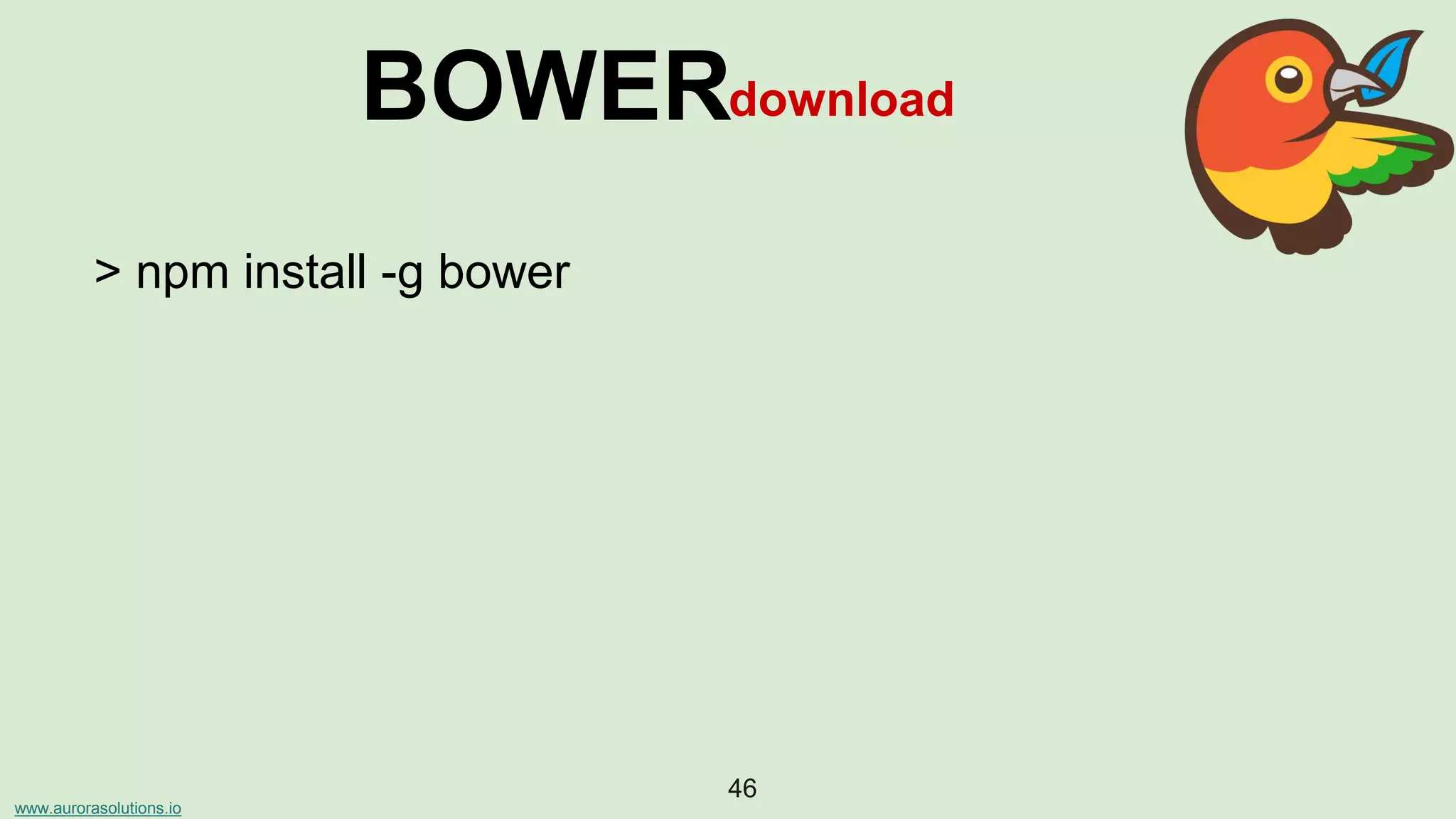 www.aurorasolutions.io
46
BOWERdownload
> npm install -g bower
 
