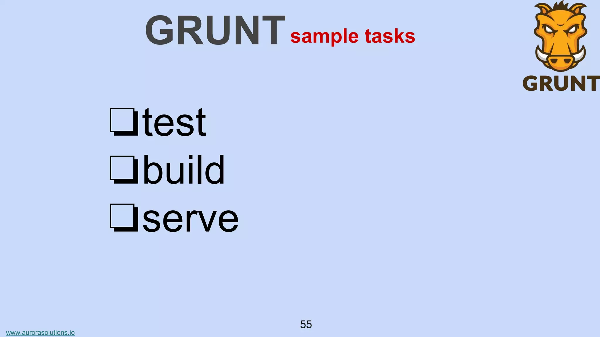www.aurorasolutions.io
55
GRUNT
❏test
❏build
❏serve
sample tasks
 