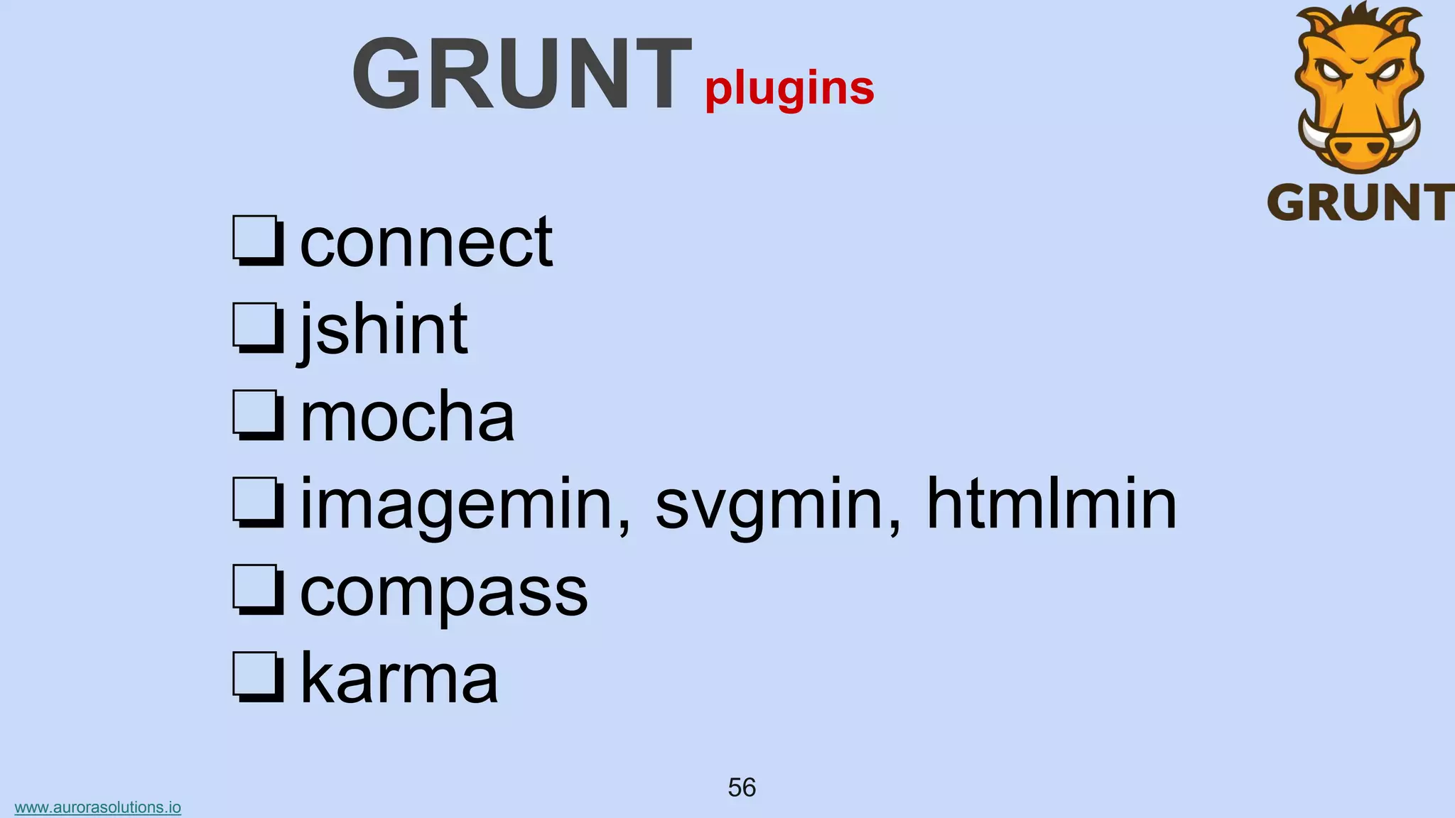 www.aurorasolutions.io
56
GRUNT
❏connect
❏jshint
❏mocha
❏imagemin, svgmin, htmlmin
❏compass
❏karma
plugins
 