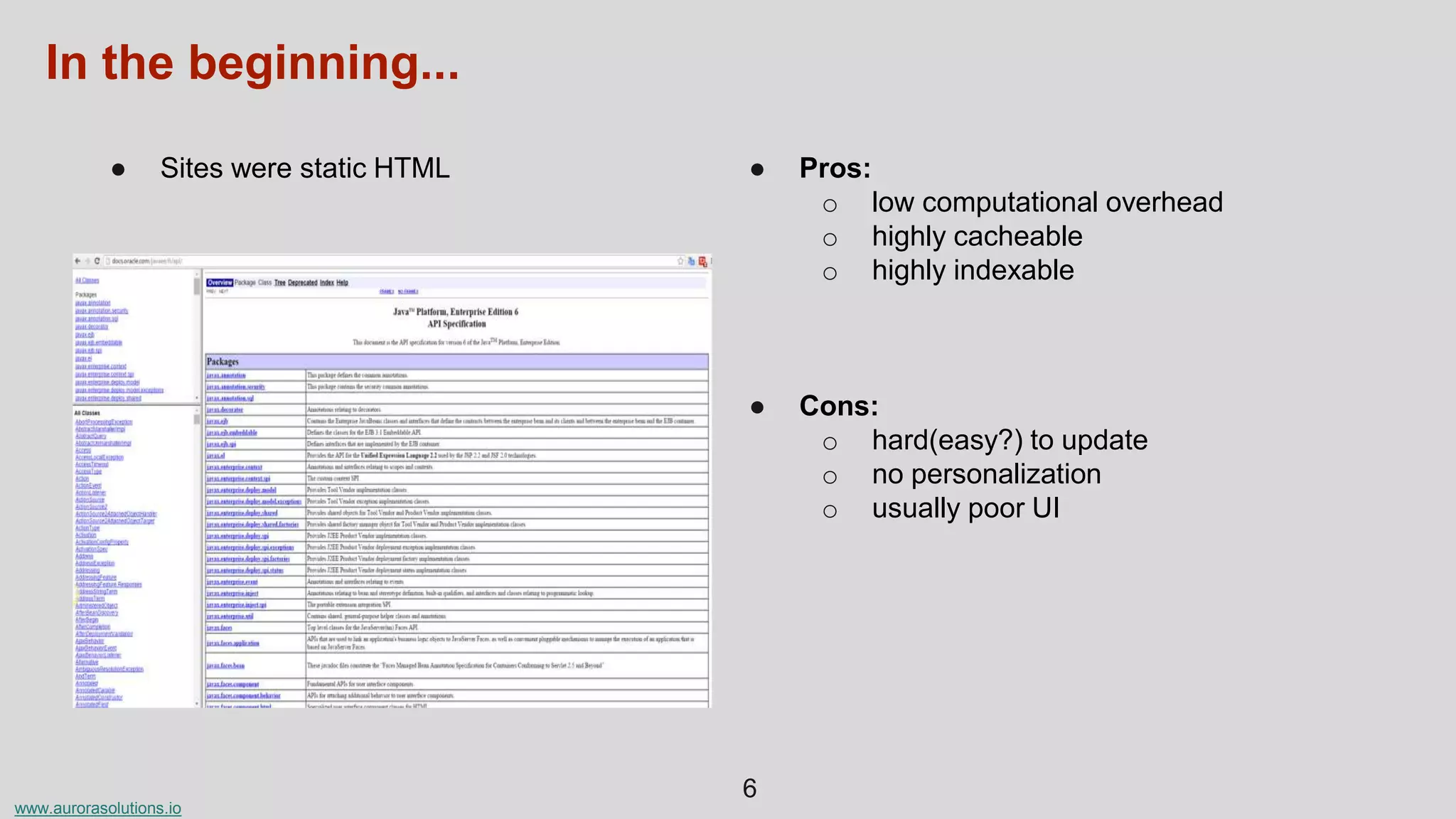 www.aurorasolutions.io
● Sites were static HTML ● Pros:
o low computational overhead
o highly cacheable
o highly indexable
● Cons:
o hard(easy?) to update
o no personalization
o usually poor UI
6
In the beginning...
 