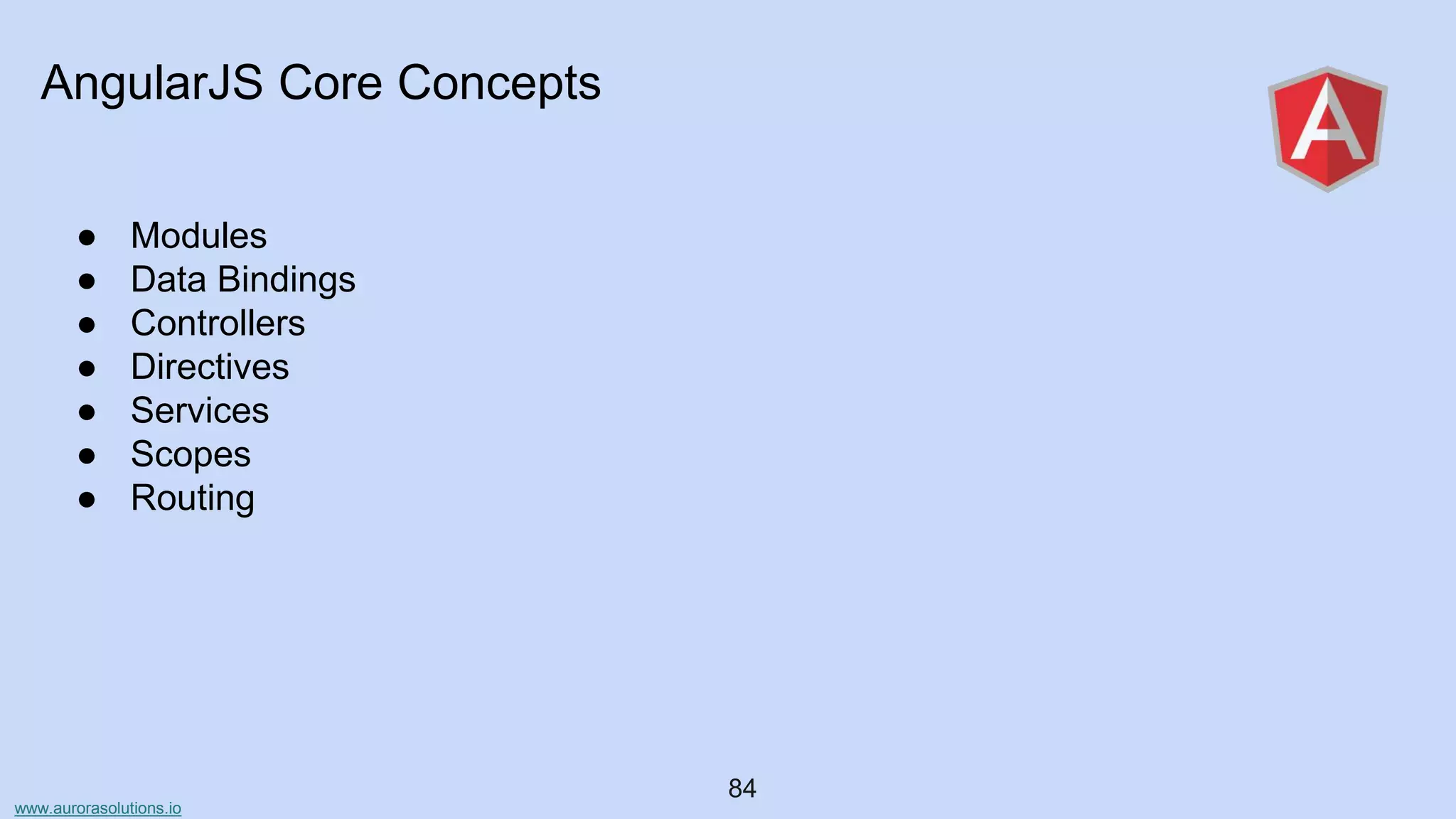 www.aurorasolutions.io
84
AngularJS Core Concepts
● Modules
● Data Bindings
● Controllers
● Directives
● Services
● Scopes
● Routing
 