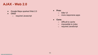 www.aurorasolutions.io
● Google Maps sparked Web 2.0
● GMail
o required Javascript
● Pros:
o killer UI
o more responsive apps
● Cons:
o difficult to cache
o impossible to index
o required JavaScript
11
AJAX - Web 2.0
 