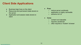 www.aurorasolutions.io
● Business logic lives on the client
● Resources and permanent state stored on
the server
● Application and session state stored on
client
● Pros:
o reduce server workloads
o application is highly cacheable
o extreme rich UI
● Cons:
o content not indexable
o requires JavaScript
o often requires a ‘modern’ browser
13
Client Side Applications
 
