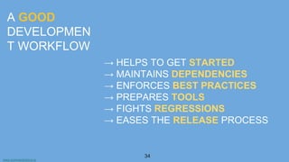 www.aurorasolutions.io
34
A GOOD
DEVELOPMEN
T WORKFLOW
→ HELPS TO GET STARTED
→ MAINTAINS DEPENDENCIES
→ ENFORCES BEST PRACTICES
→ PREPARES TOOLS
→ FIGHTS REGRESSIONS
→ EASES THE RELEASE PROCESS
 