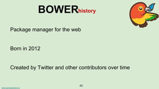 www.aurorasolutions.io
45
BOWERhistory
Package manager for the web
Born in 2012
Created by Twitter and other contributors over time
 